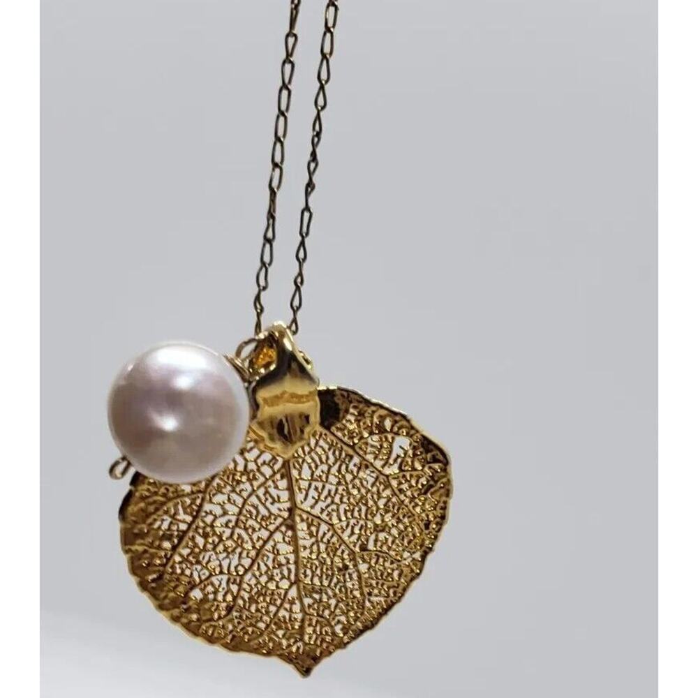 14k Gold Aspen Tree Leaf With Pearls Dipped Necklace Pendant Gift
